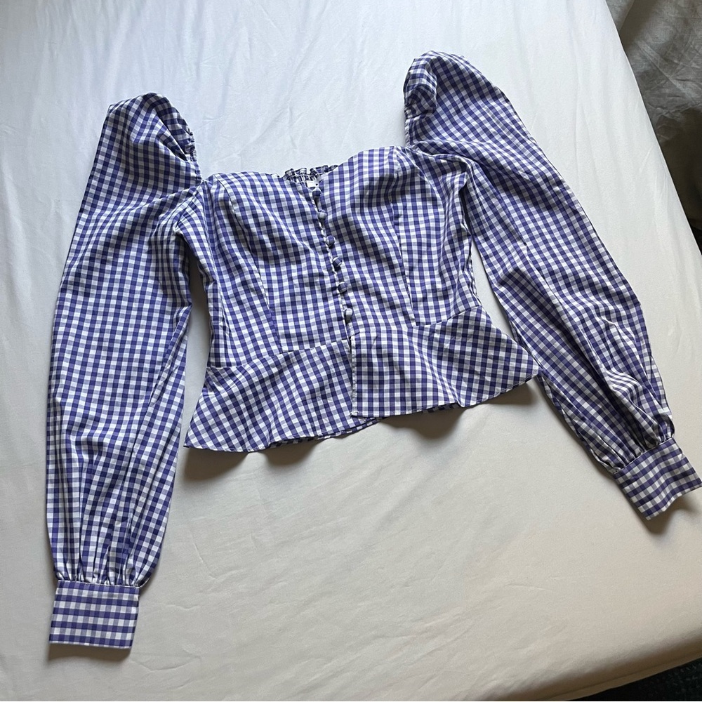 NIKA TANG blue white gingham plaid cotton poly Raina puff long sleeve blouse